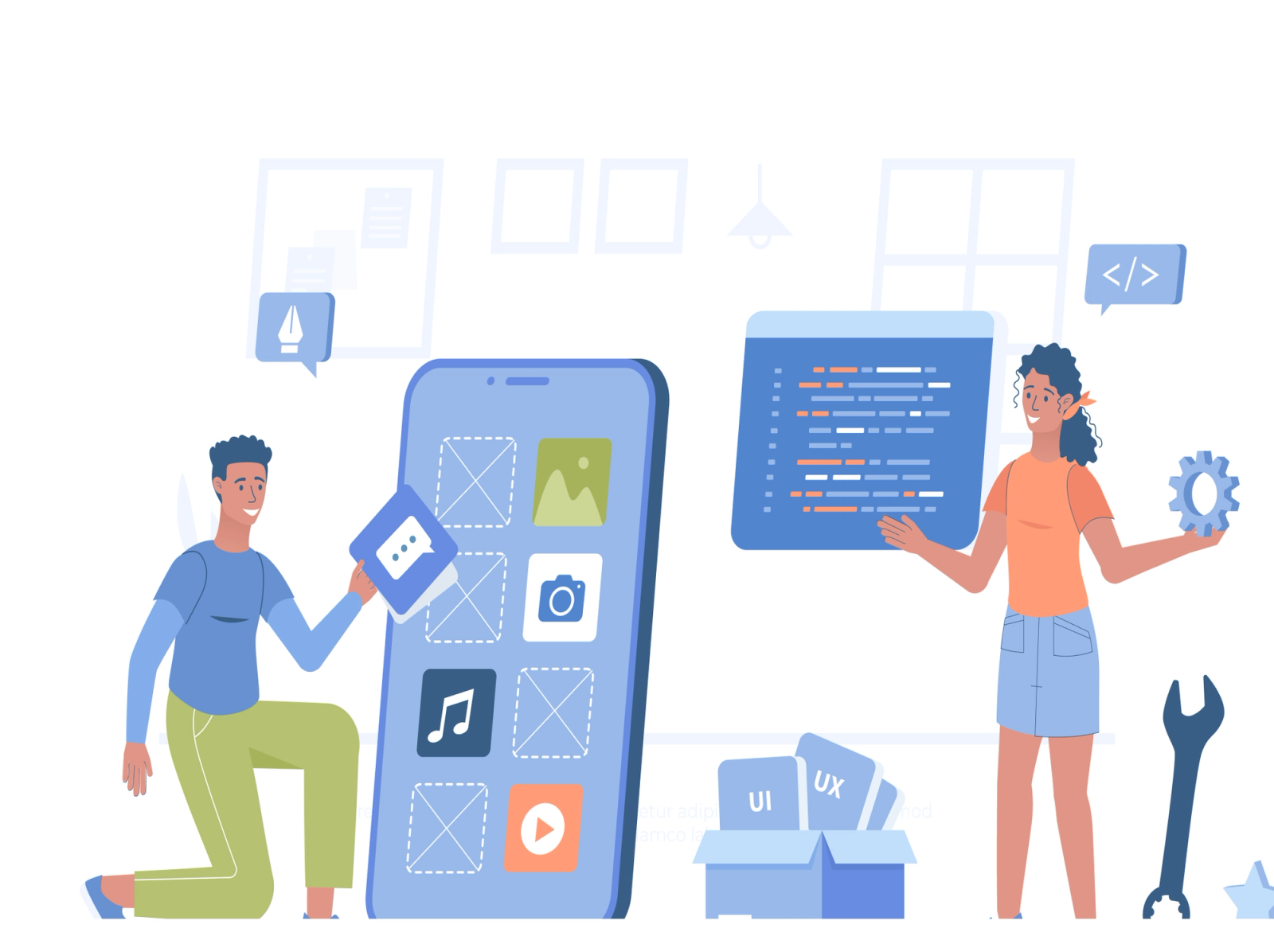 Illustration of developers building and testing a native Android app interface with UI components