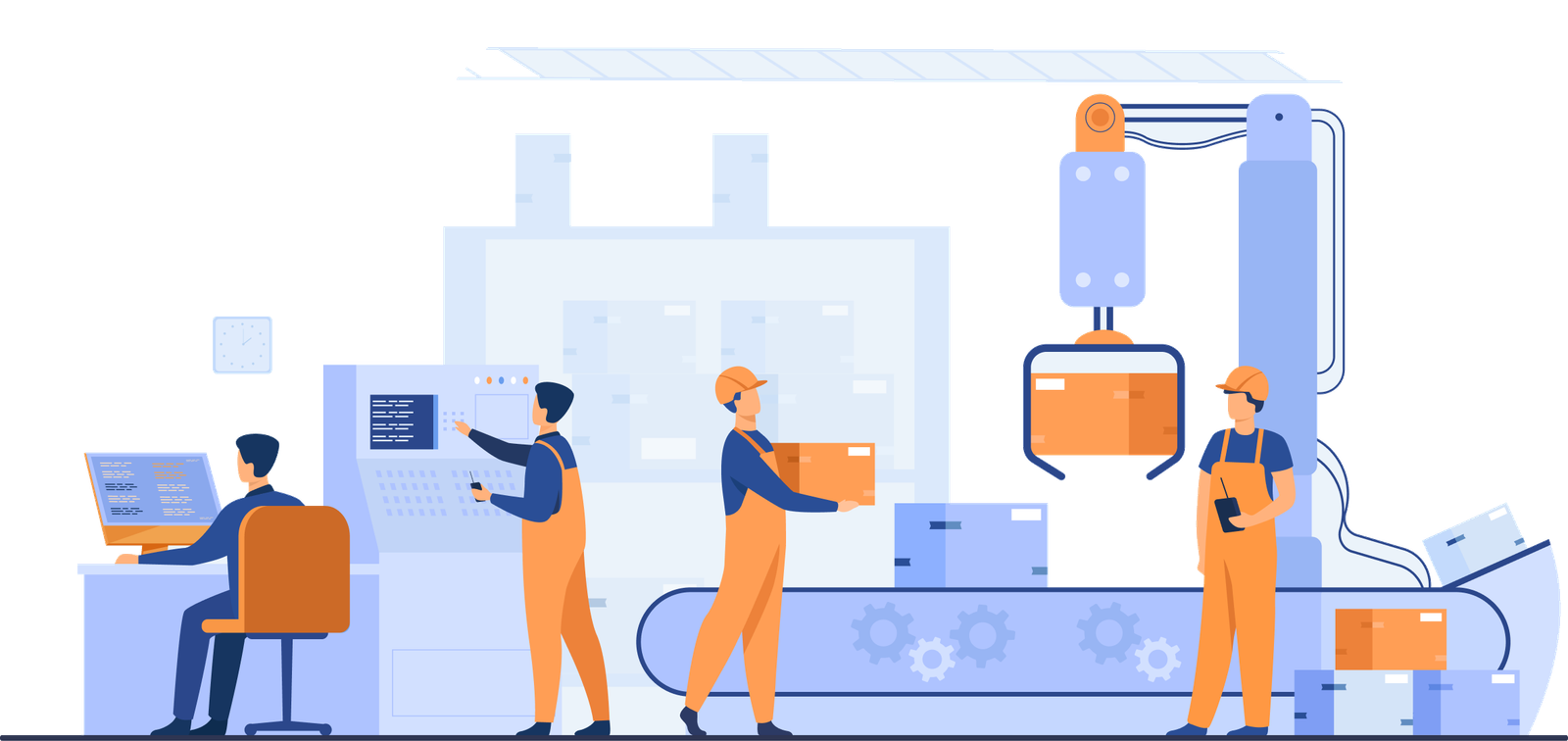 Illustration of factory workers operating a control panel and conveyor belt with a robotic arm handling boxes