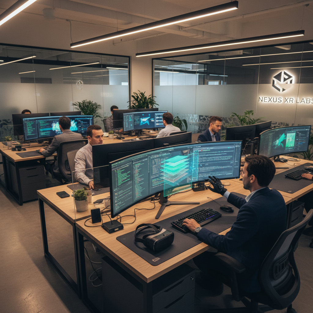 AR, VR and MR Development Team working at desks wearing VR headsets, with monitors displaying 3D visualizations in a VR lab