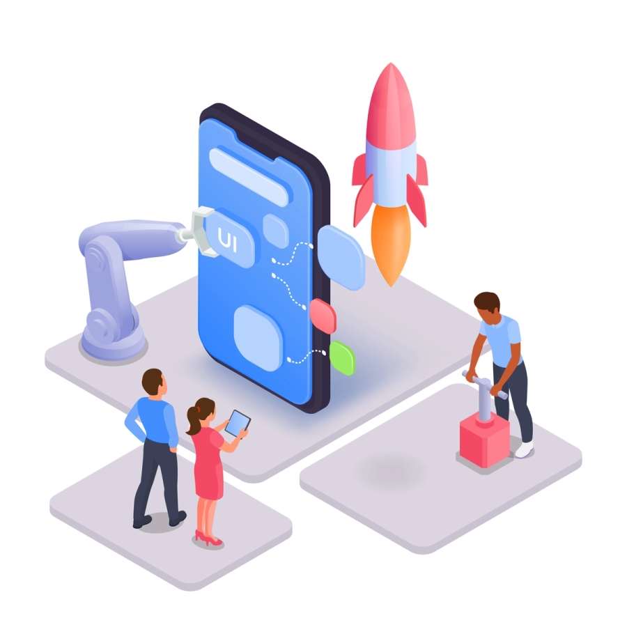 Illustration of a cross-functional team collaborating on UI design, marketing, and growth