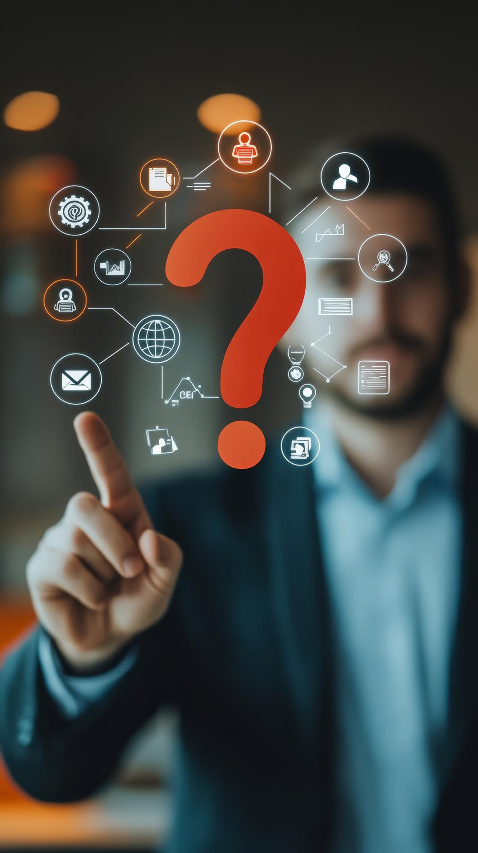 Photo of a businessman pointing at a large question mark surrounded by decision-making icons