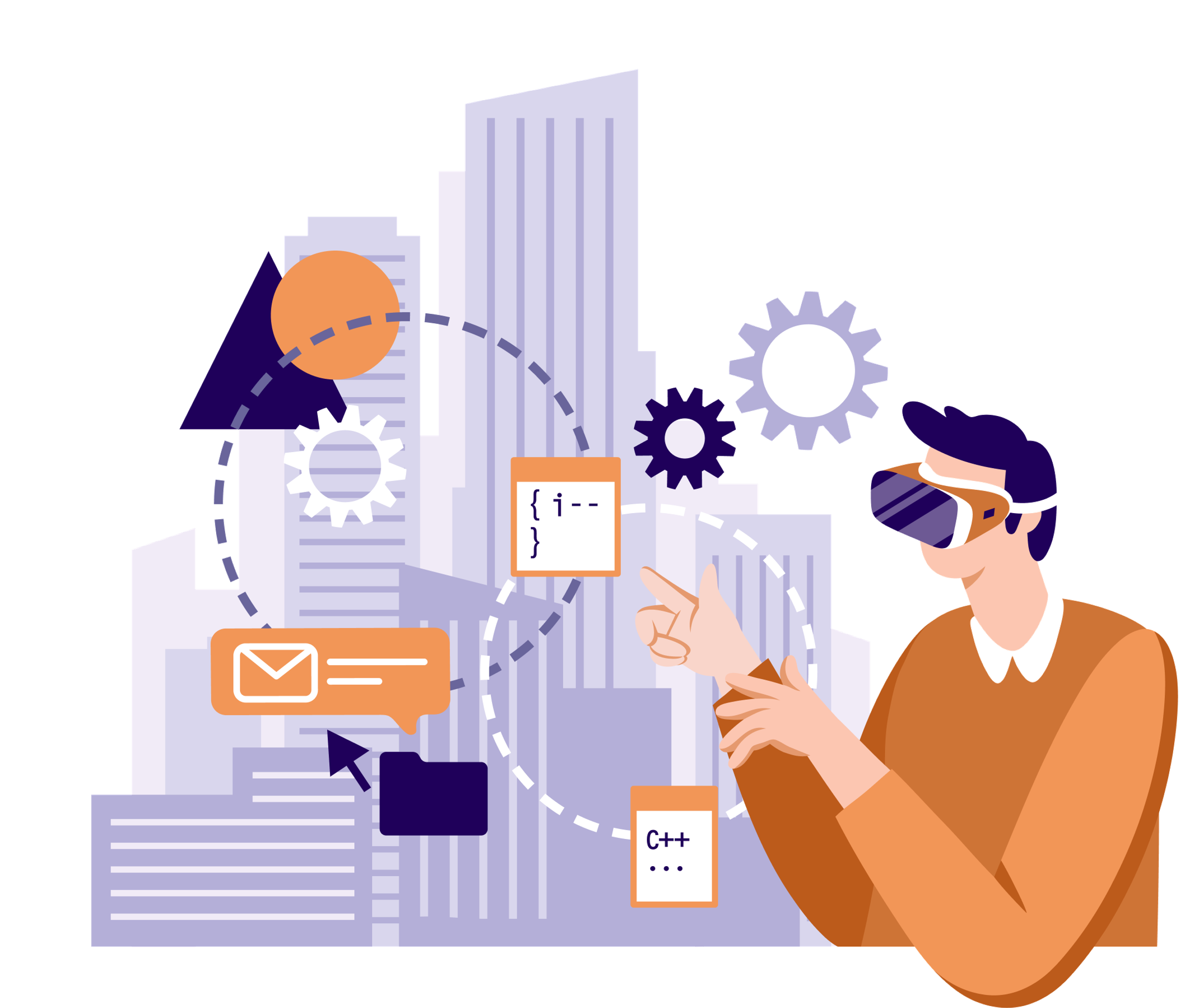 Illustration of a man wearing a VR headset viewing city buildings connected to gear and code icons