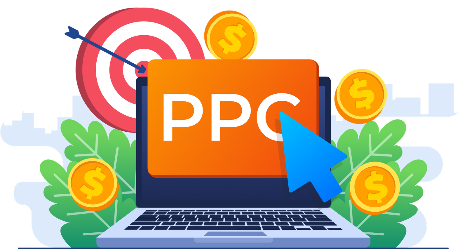 Illustration of a PPC campaign dashboard with a target, cursor, and dollar coins representing paid advertising return on investment