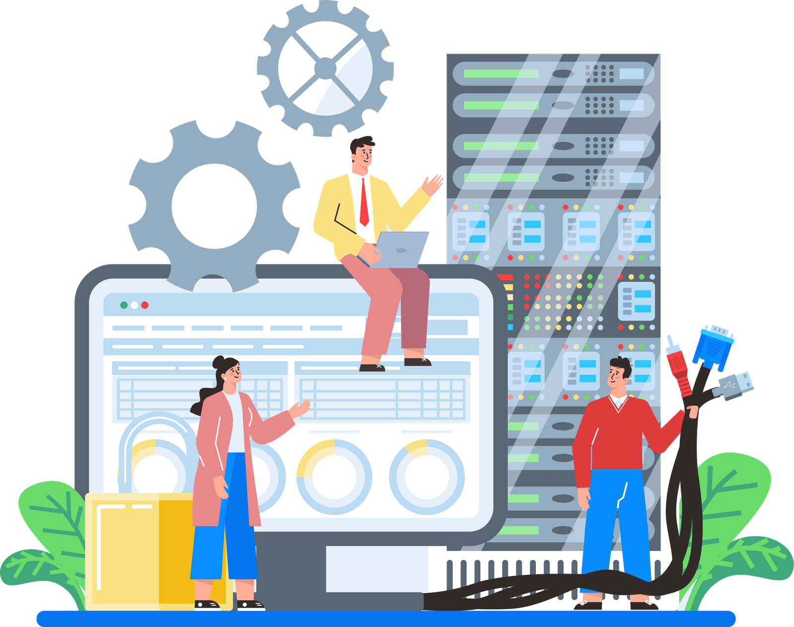 Illustration of a team analyzing a data dashboard beside a server rack with control system cables