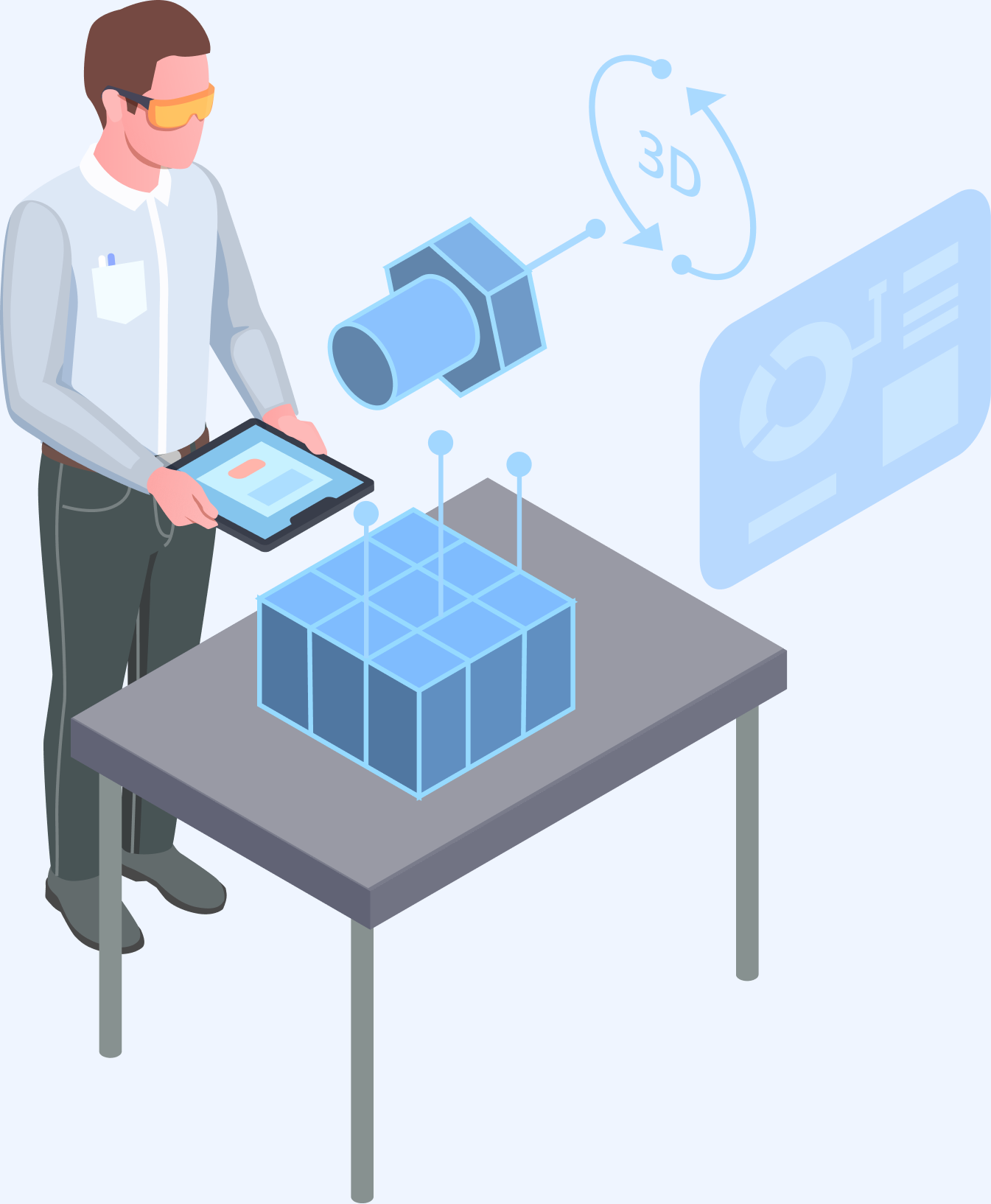 Illustration of an engineer using AR glasses and a tablet to inspect a 3D model on a table