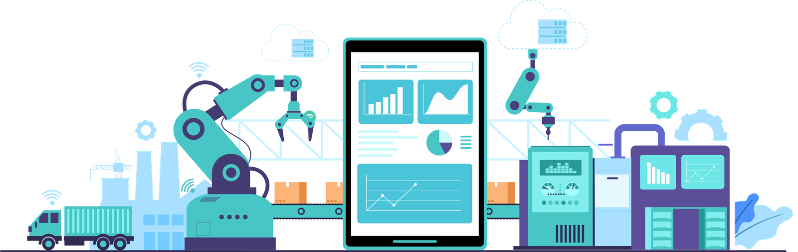 Illustration of a smart factory with robotic arms, conveyor belt, and a tablet displaying analytics dashboards