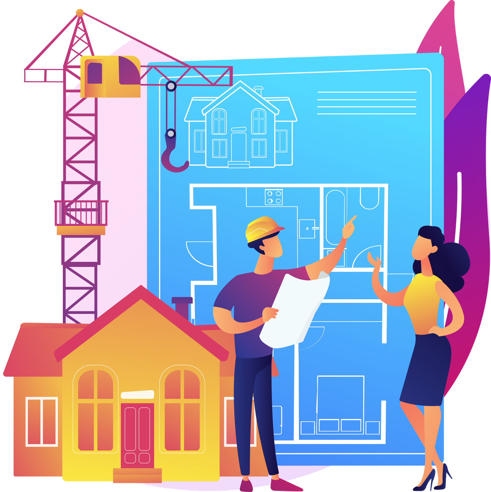Illustration of a construction worker and engineer reviewing a building blueprint in front of a house and construction crane