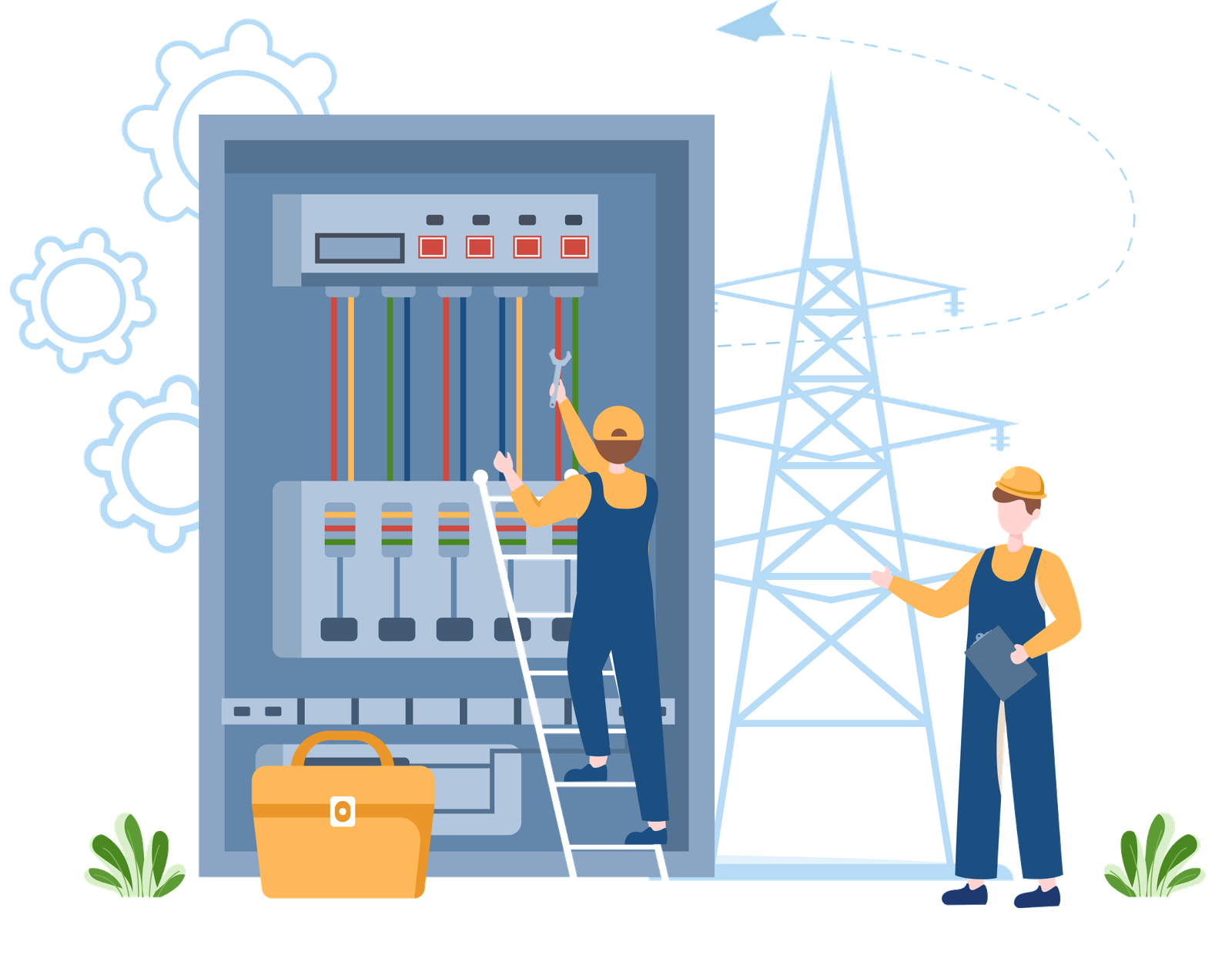 Illustration of electricians working on a wiring control panel near a power transmission tower