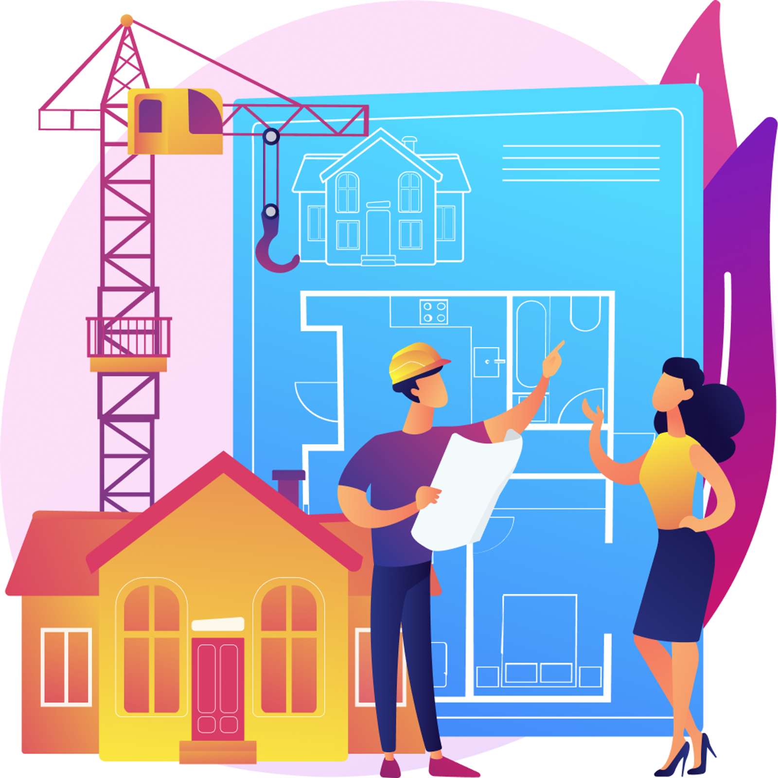 Illustration of an architect presenting a building blueprint and house model to a client