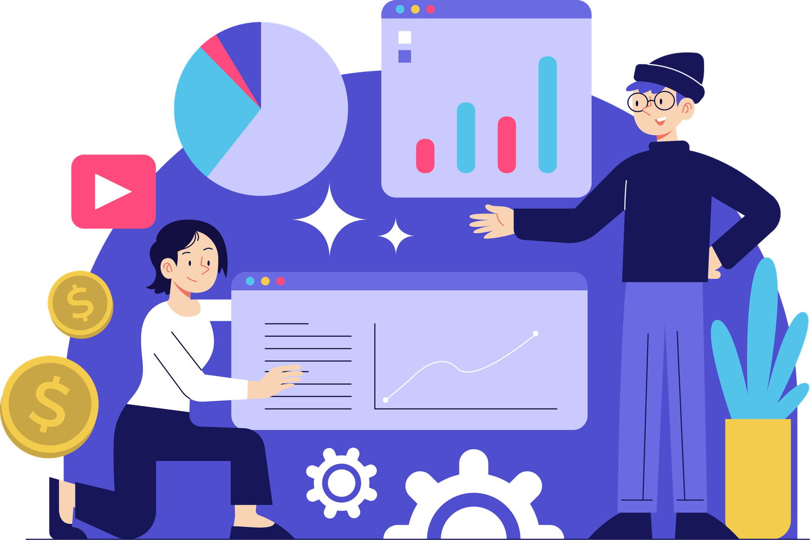 Illustration of financial consultants reviewing analytics dashboards, charts, and business growth data
