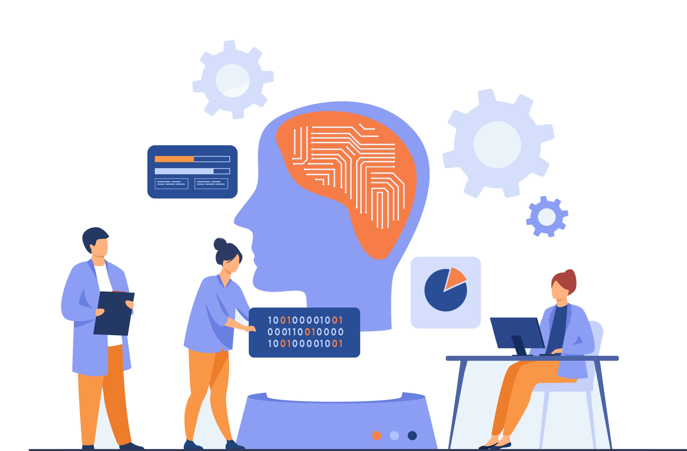 Illustration of a team analyzing an AI brain model with data charts