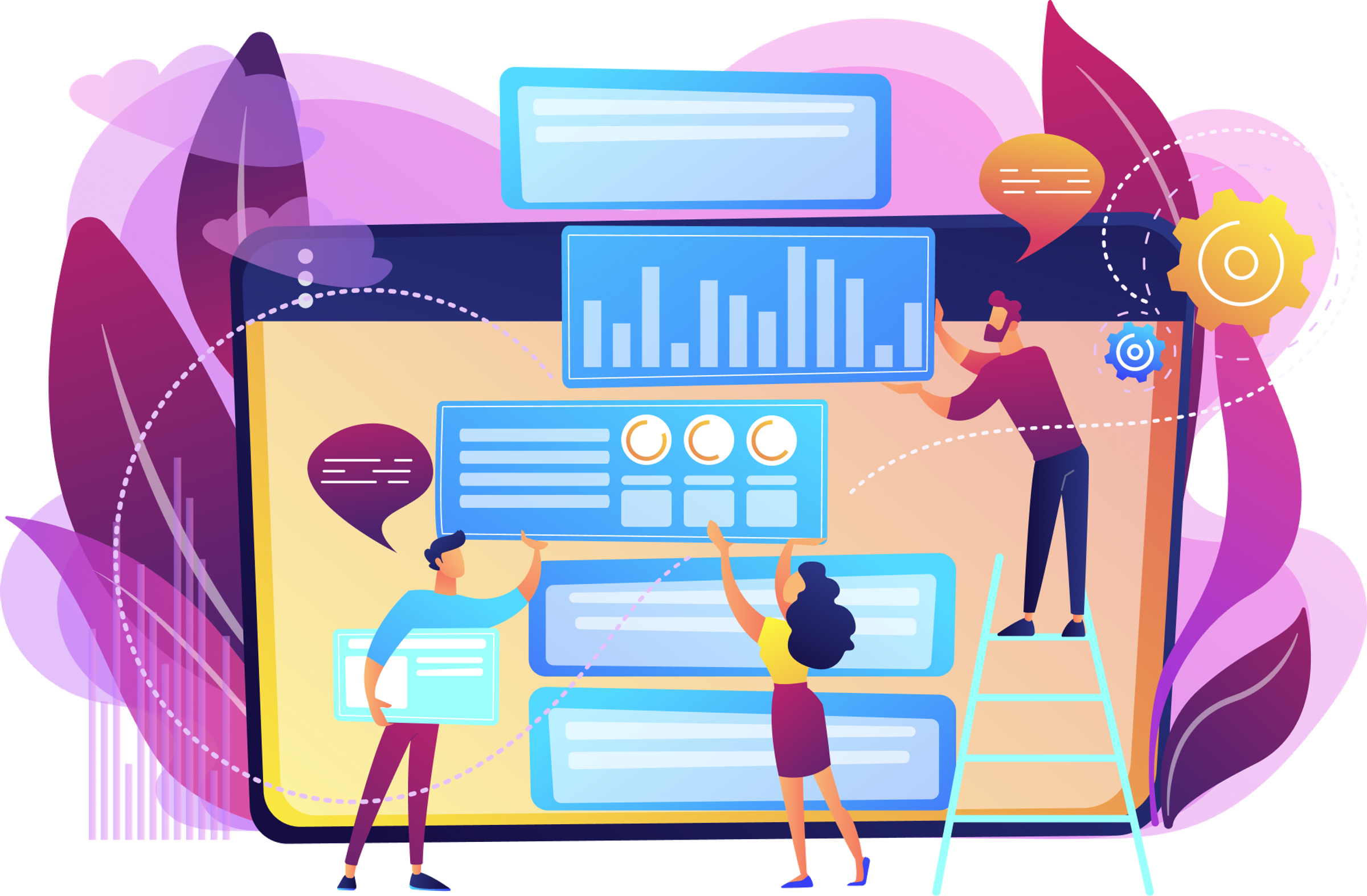 Illustration of a team building a data analytics dashboard with bar charts and gear icons