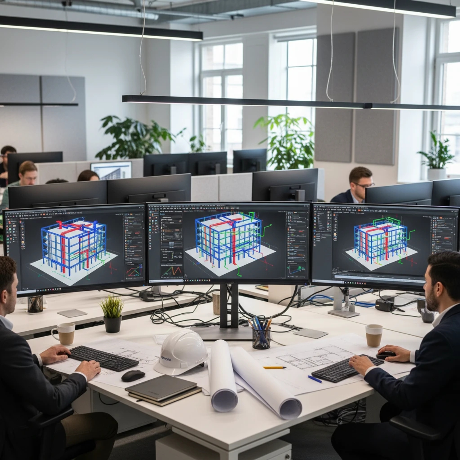 Illustration d'un architecte examinant un plan et d'un ouvrier examinant des modèles de bâtiment 3D