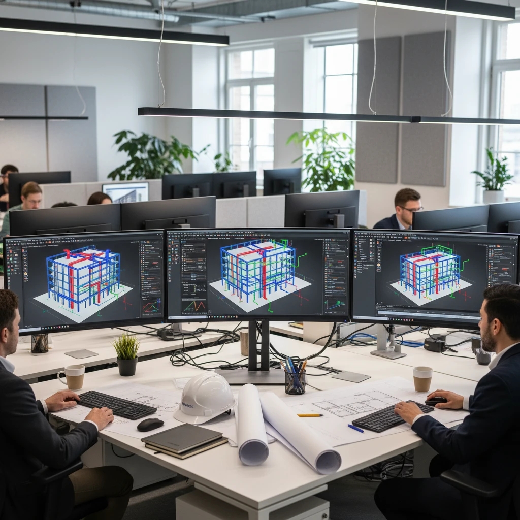 Services BIM Illustration d'un architecte examinant un plan et d'un ouvrier examinant des modèles de bâtiment 3D