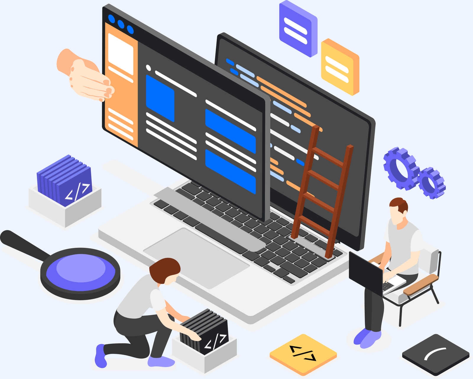 Illustration of two developers building a responsive website with PHP, HTML, CSS, and C++ language tags