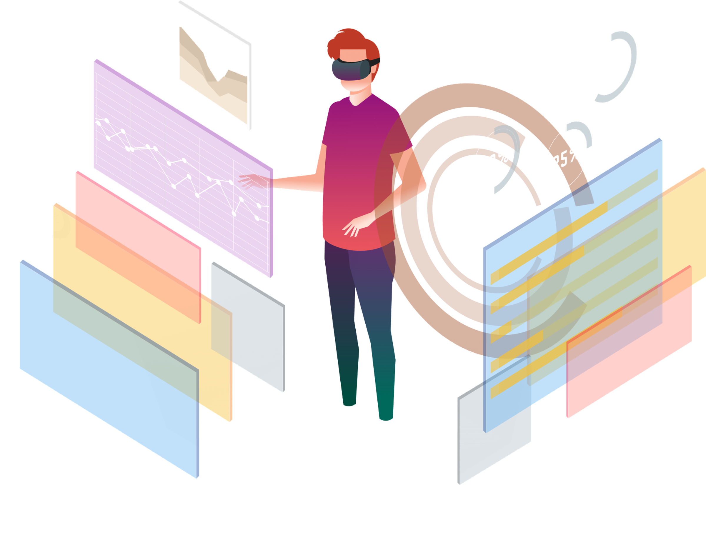 Illustration of a person wearing a VR headset interacting with floating data charts and dashboard panels