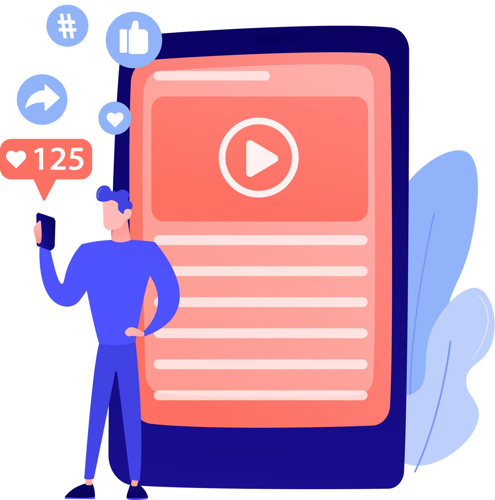 Illustration of a person holding a phone with social media engagement icons and a large content feed