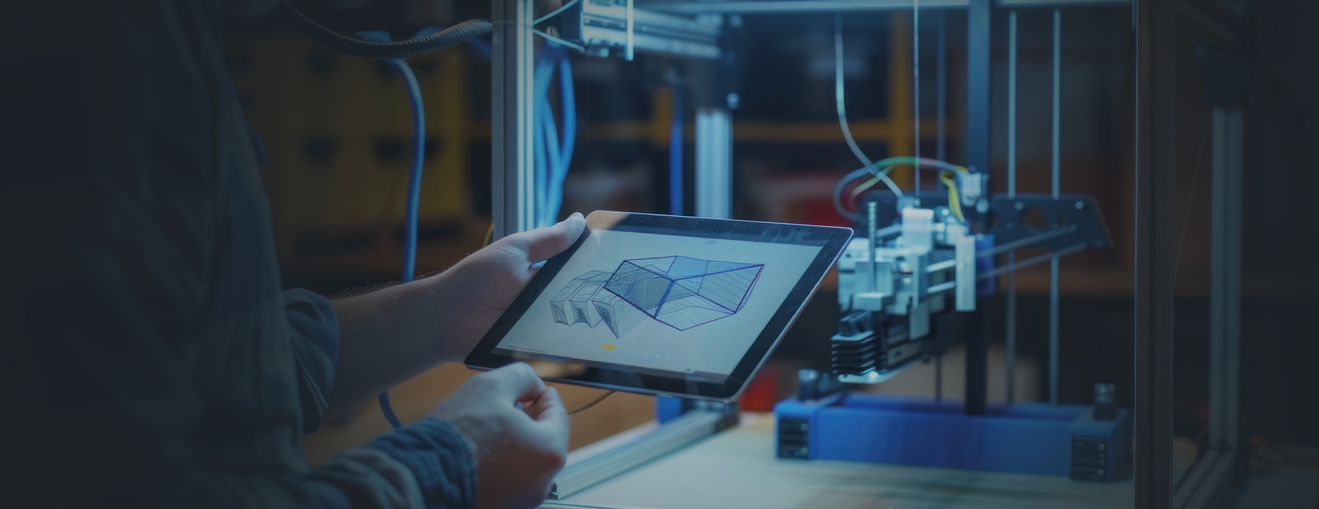 Ingénieur examinant une conception filaire 3D sur une tablette à côté d'une imprimante 3D en fonctionnement