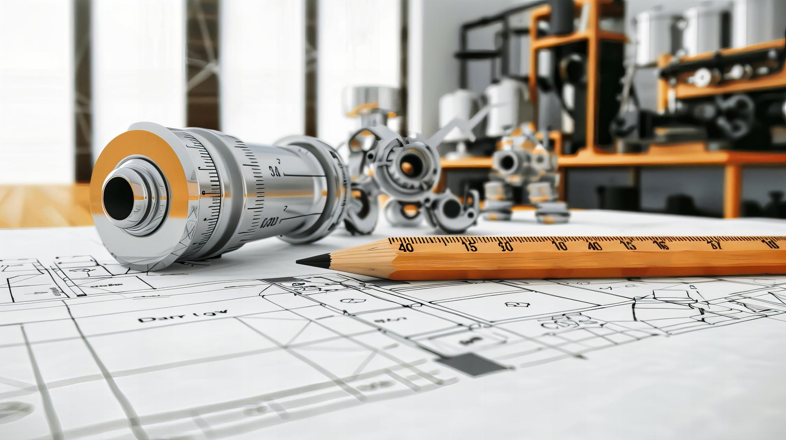 Photo of precision engineering tools and gears on top of technical blueprint drawings