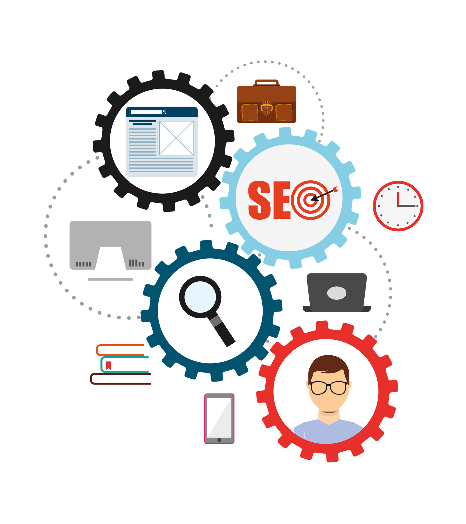 Illustration of interconnected gears representing SEO, search, and digital marketing tools