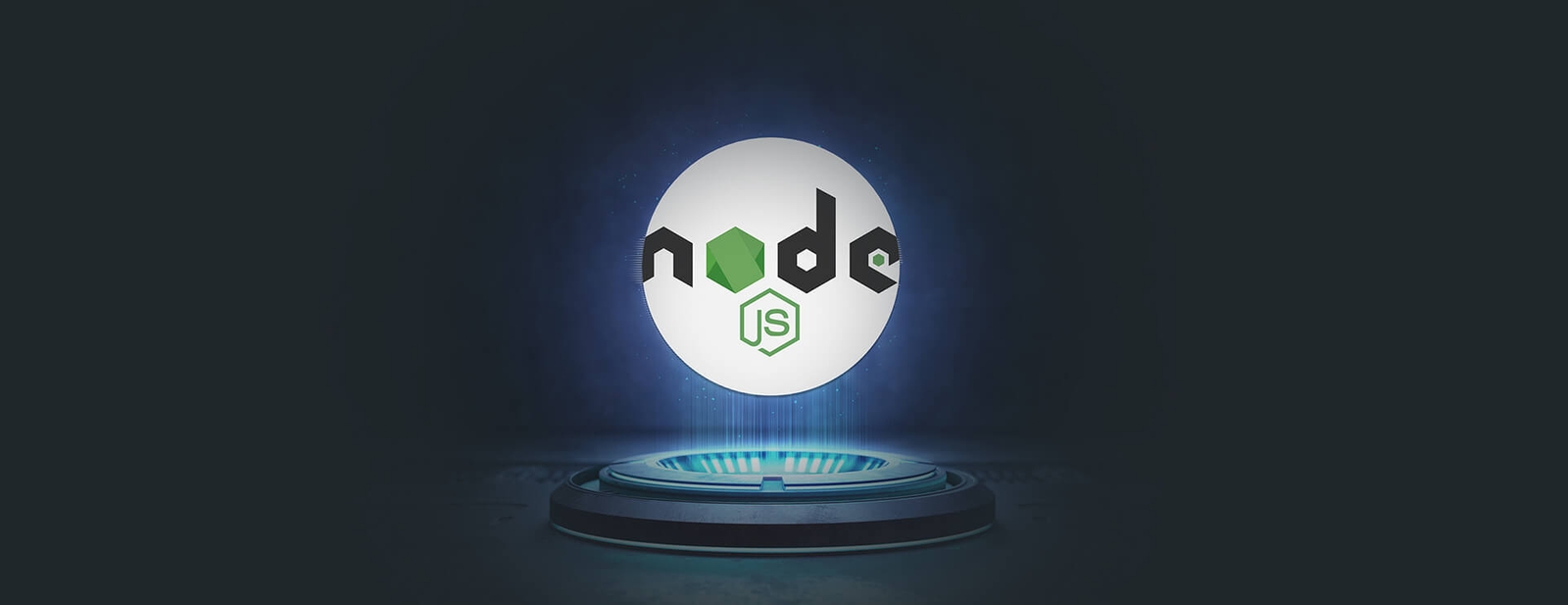 Node.js Development Services Node.js logo glowing on a pedestal against a dark technology background