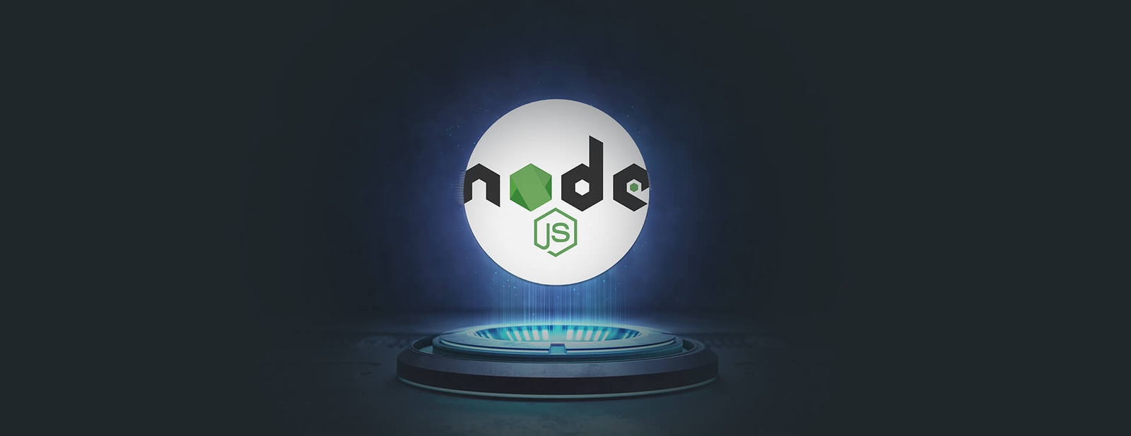 Services de développement Node.js Logo Node.js lumineux sur un piédestal devant un fond technologique sombre