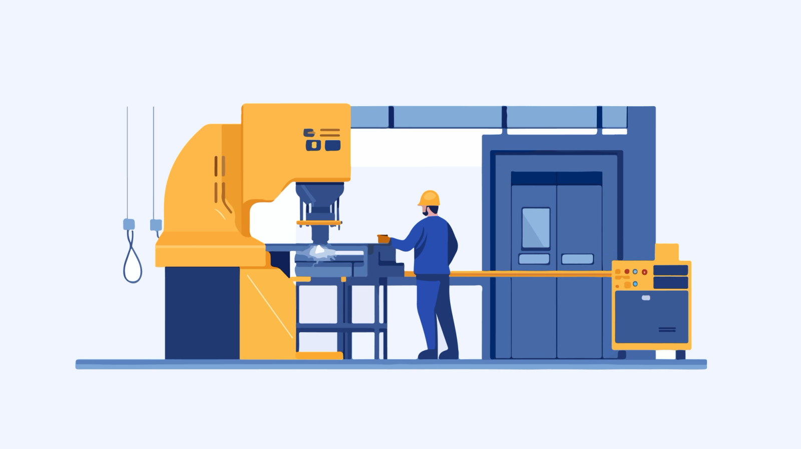 Illustration of a worker operating an industrial die casting machine in a factory
