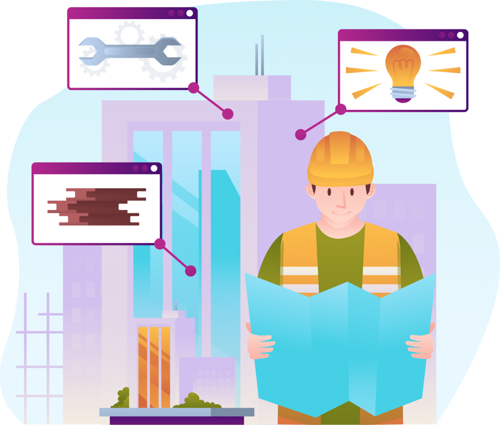 Illustration of a construction worker reviewing a blueprint in front of a building with icons for tools, materials, and ideas