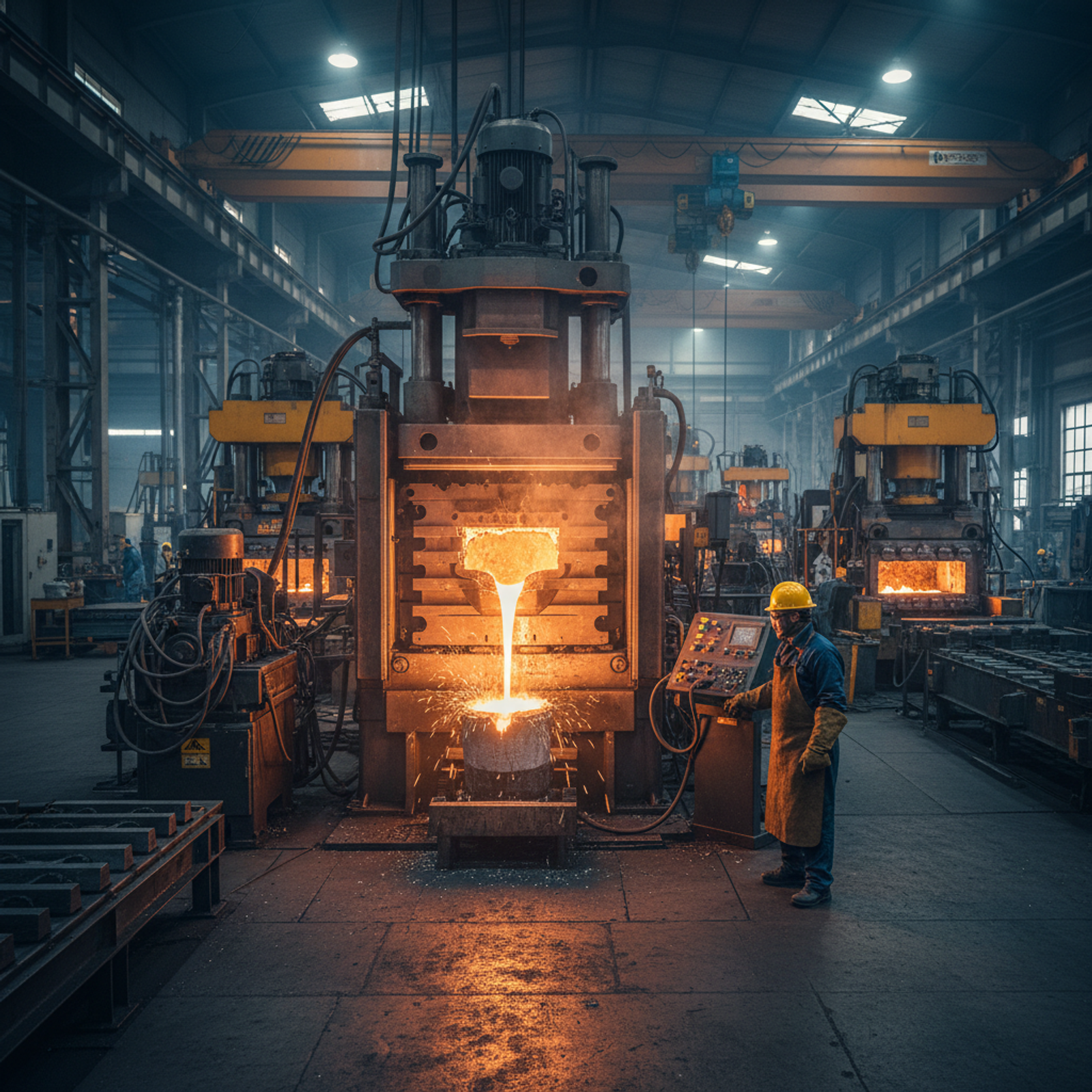 Services de moulage sous pression Illustration d'un ouvrier utilisant une machine de moulage sous pression industriel dans une usine