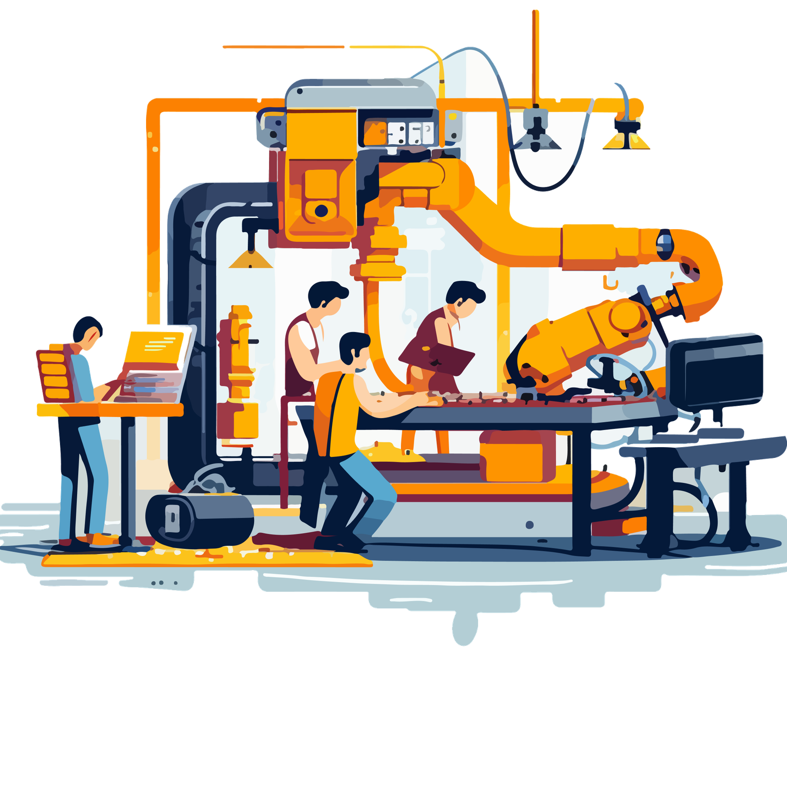Illustration of workers operating a large industrial robotic assembly machine