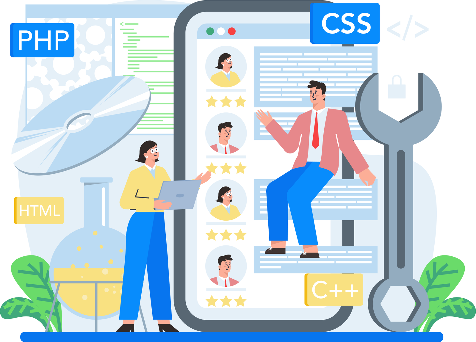 Illustration of a worker climbing a ladder to adjust website interface blocks beside a mobile app mockup