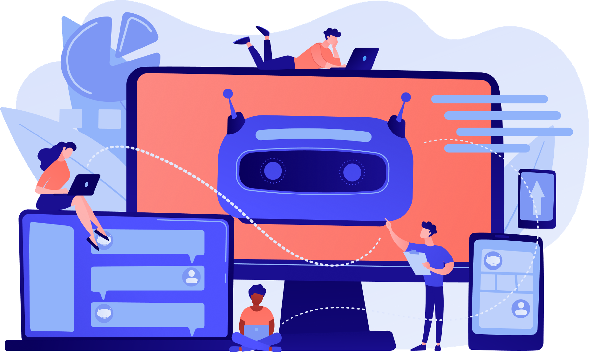 Illustration of an AI chatbot robot displayed on a large screen surrounded by people using laptops and phones