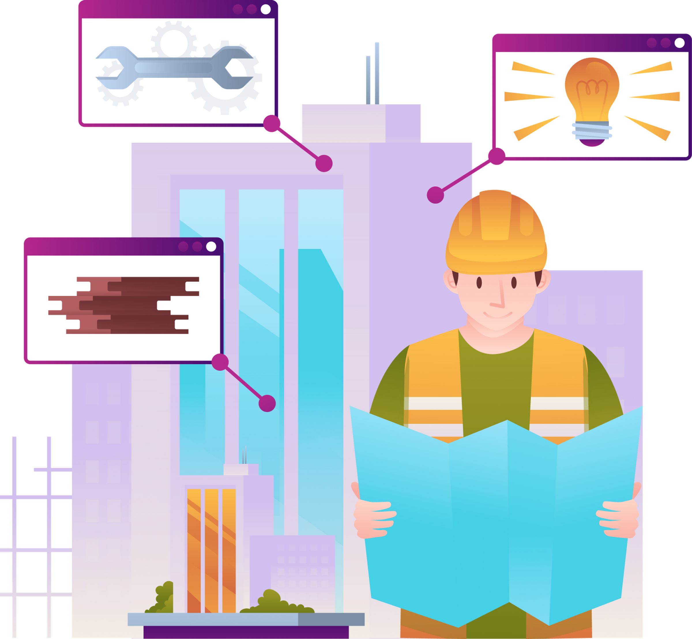 Illustration of a construction worker reviewing a blueprint with popup icons for tools, lighting, and piping systems in front of a building