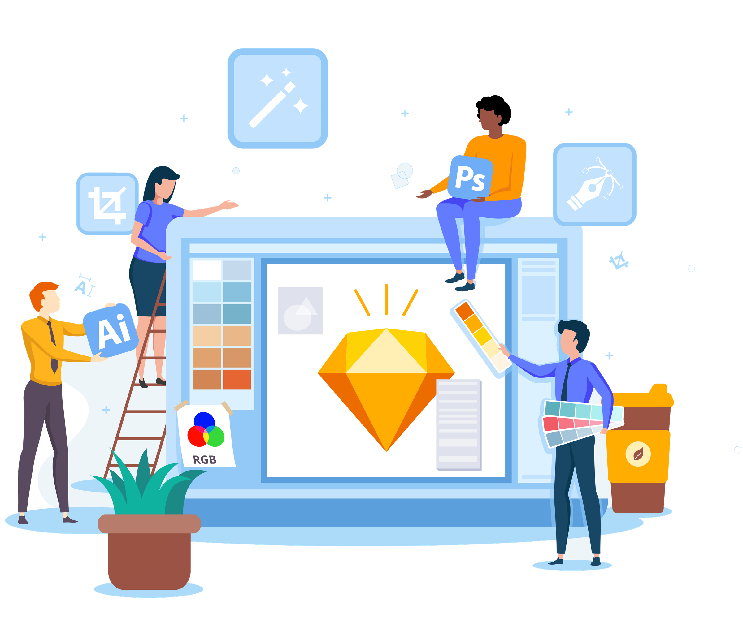 Illustration of a design team working on a 3D rendering interface with color swatches and creative software icons