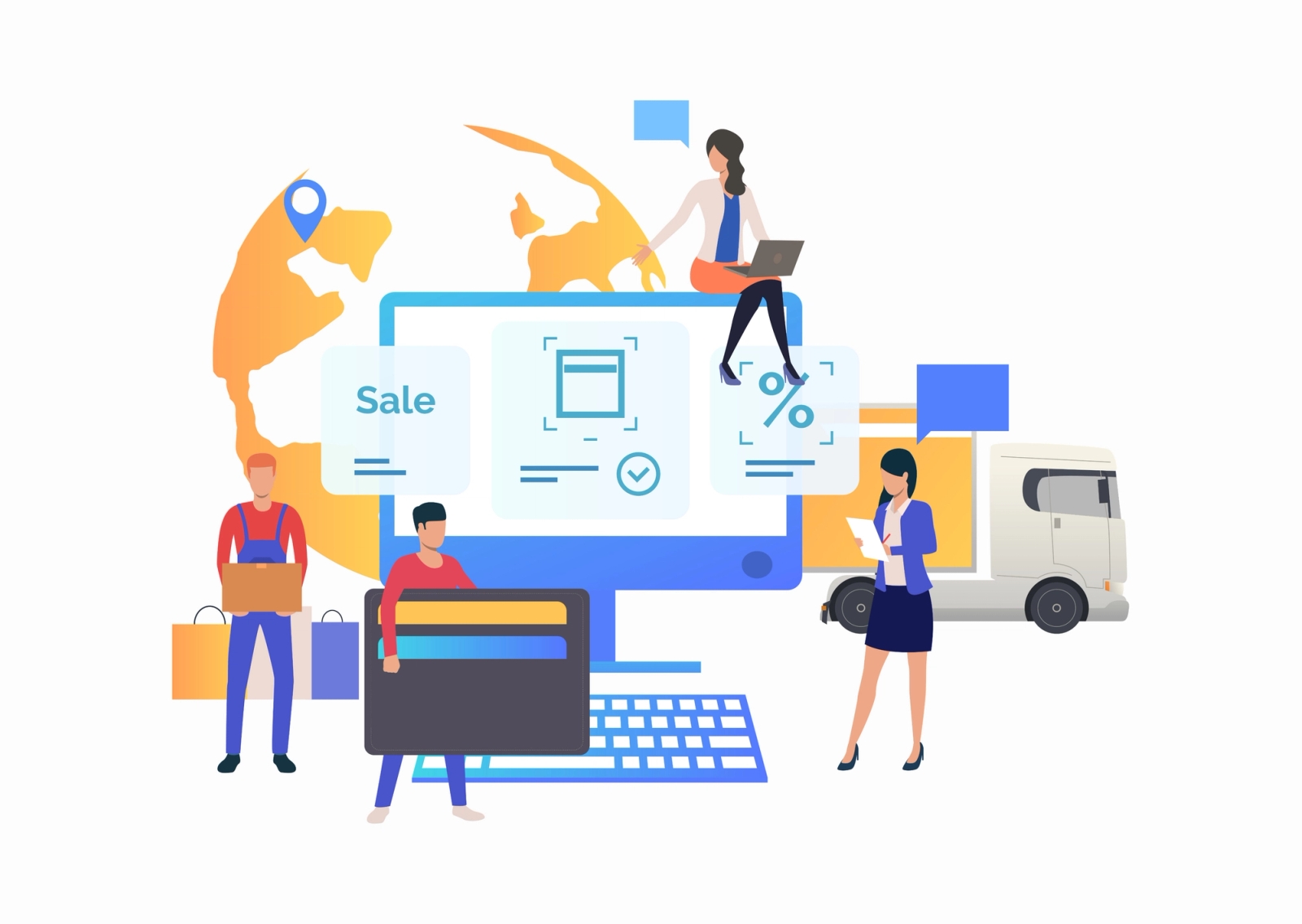 Illustration of e-commerce and logistics operations, including online checkout and warehouse delivery Illustration of e-commerce and logistics operations, including online checkout and warehouse delivery