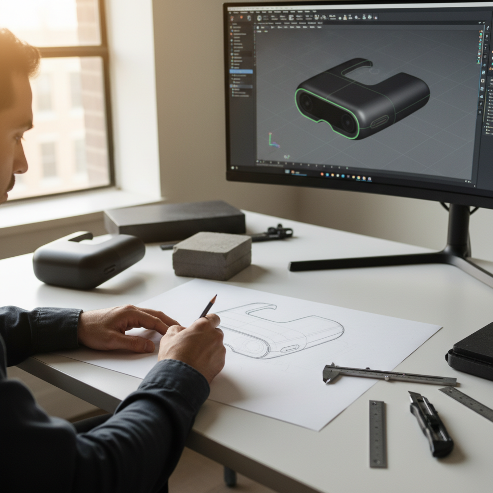 Illustration d'un designer esquissant des concepts de produits sur un grand écran avec des icônes d'outils de conception