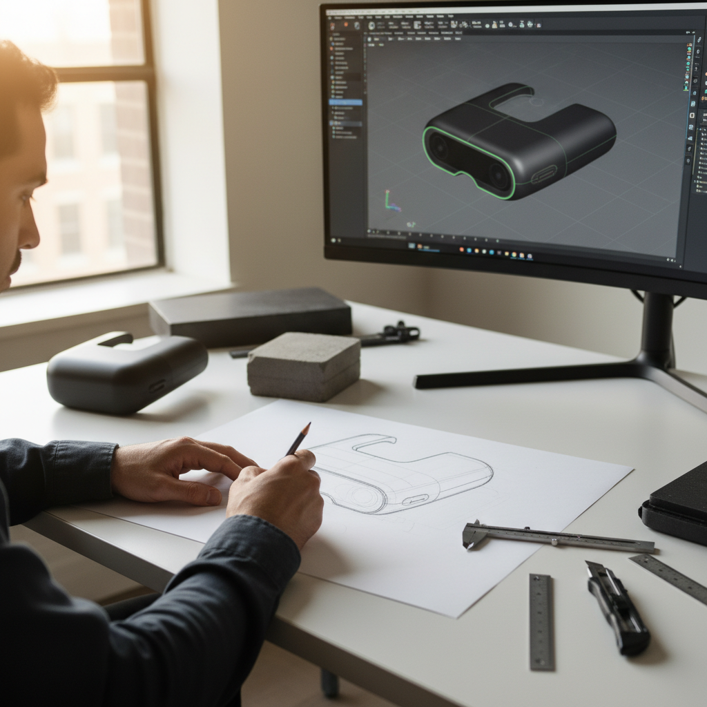 Concepts de design industriel Illustration d'un designer esquissant des concepts de produits sur un grand écran avec des icônes d'outils de conception