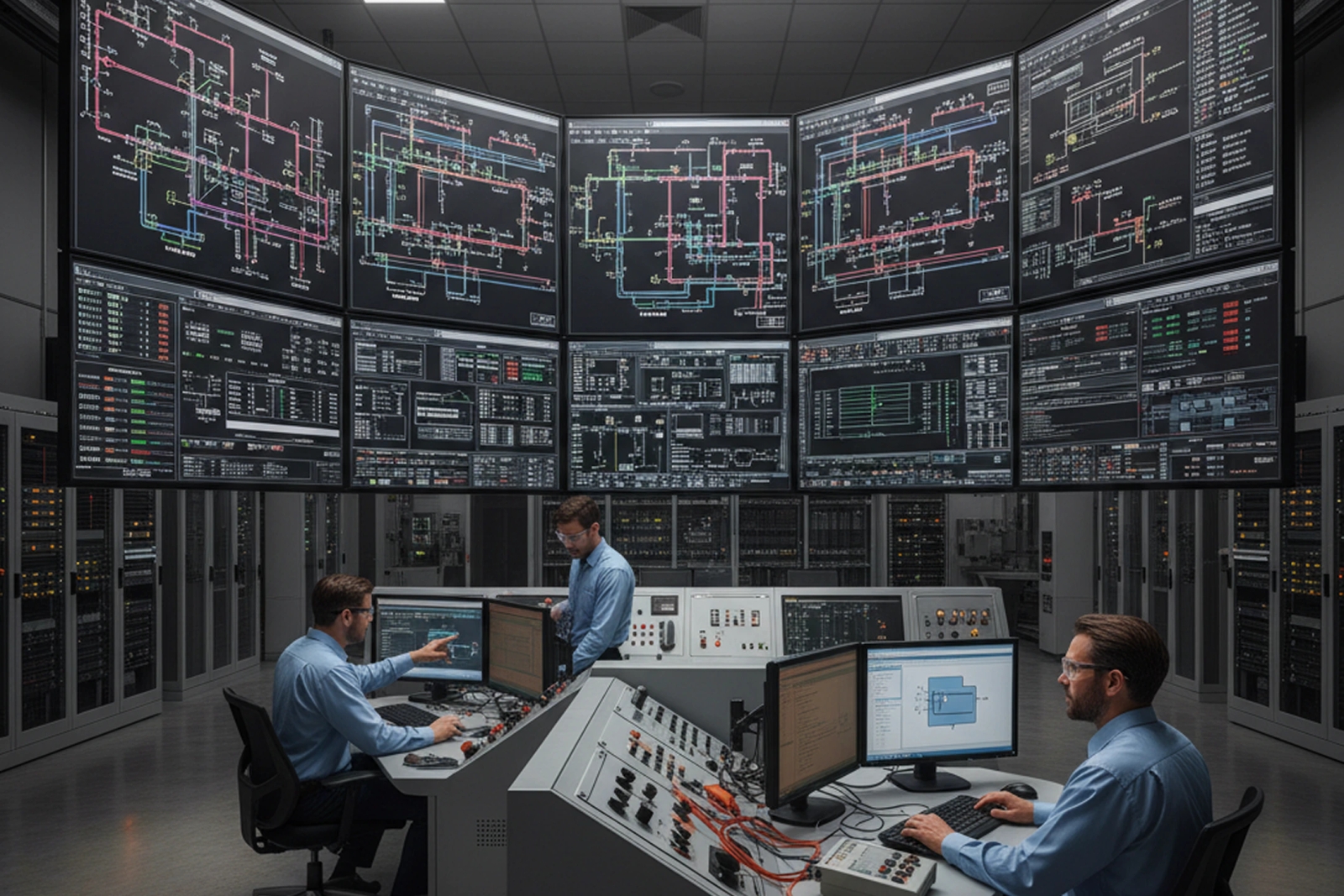 Des ingénieurs surveillent les schémas de tuyauterie et d'instrumentation de l'installation sur un mur d'écrans en salle de contrôle