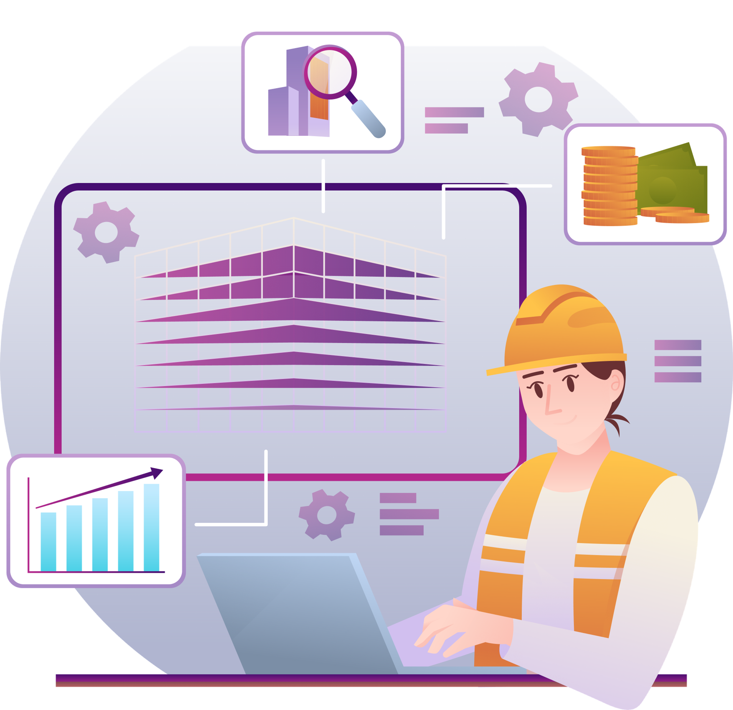 MEP Clash Detection Illustration of an engineer working on a laptop with data dashboard icons and a building elevation model in the background