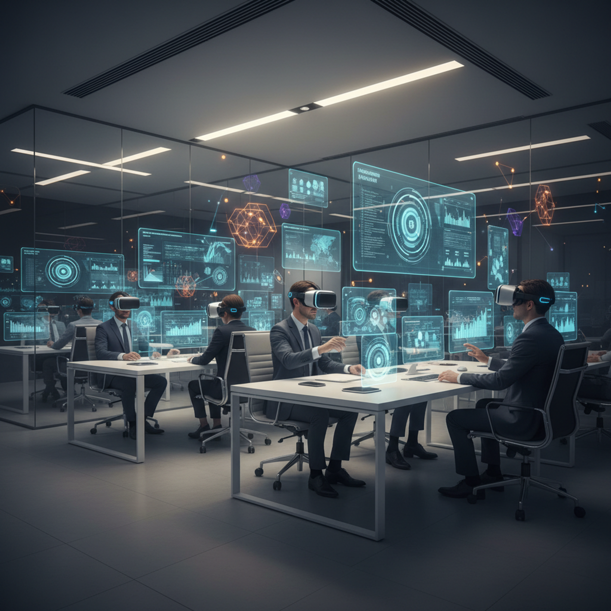 Illustration d'une femme portant un casque de réalité virtuelle, entourée de formes géométriques flottantes et d'icônes d'utilisateurs connectés