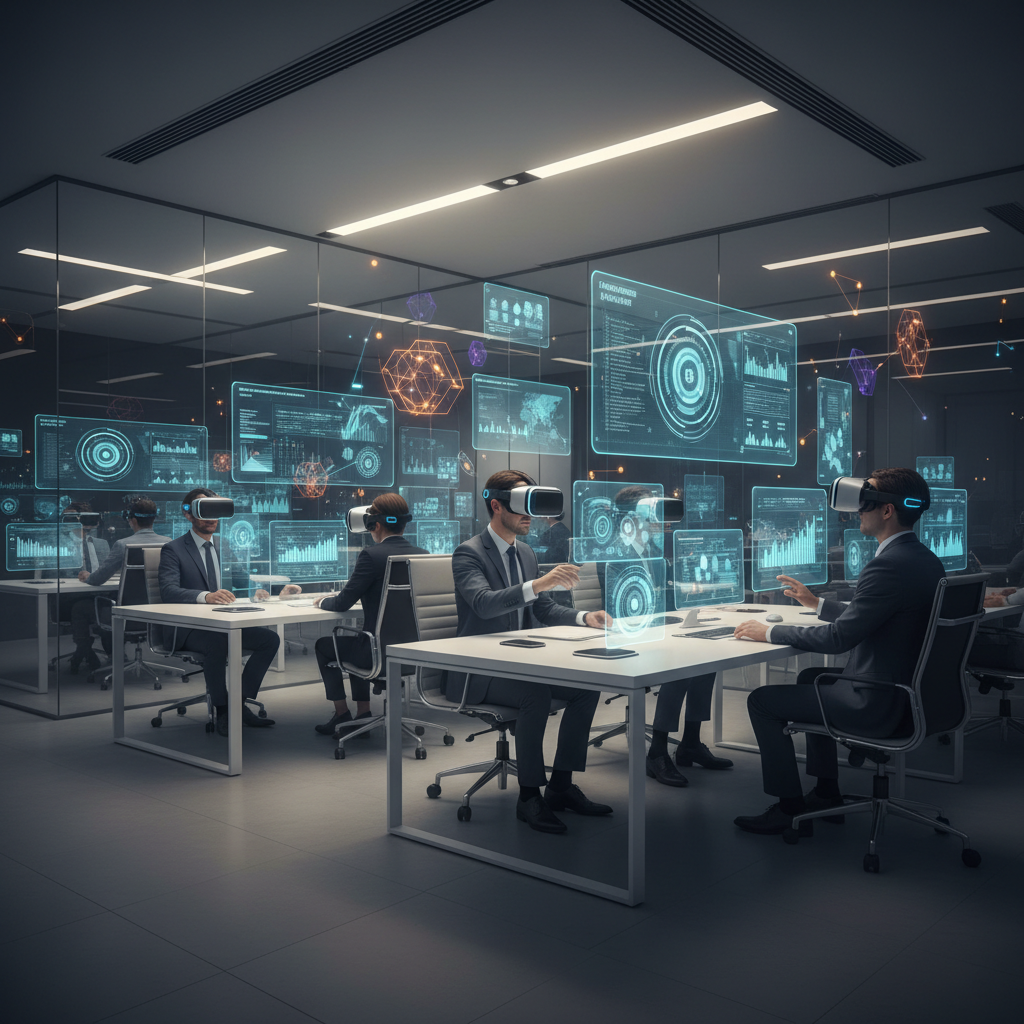 Stratégie de métavers d'entreprise Illustration d'une femme portant un casque de réalité virtuelle, entourée de formes géométriques flottantes et d'icônes d'utilisateurs connectés
