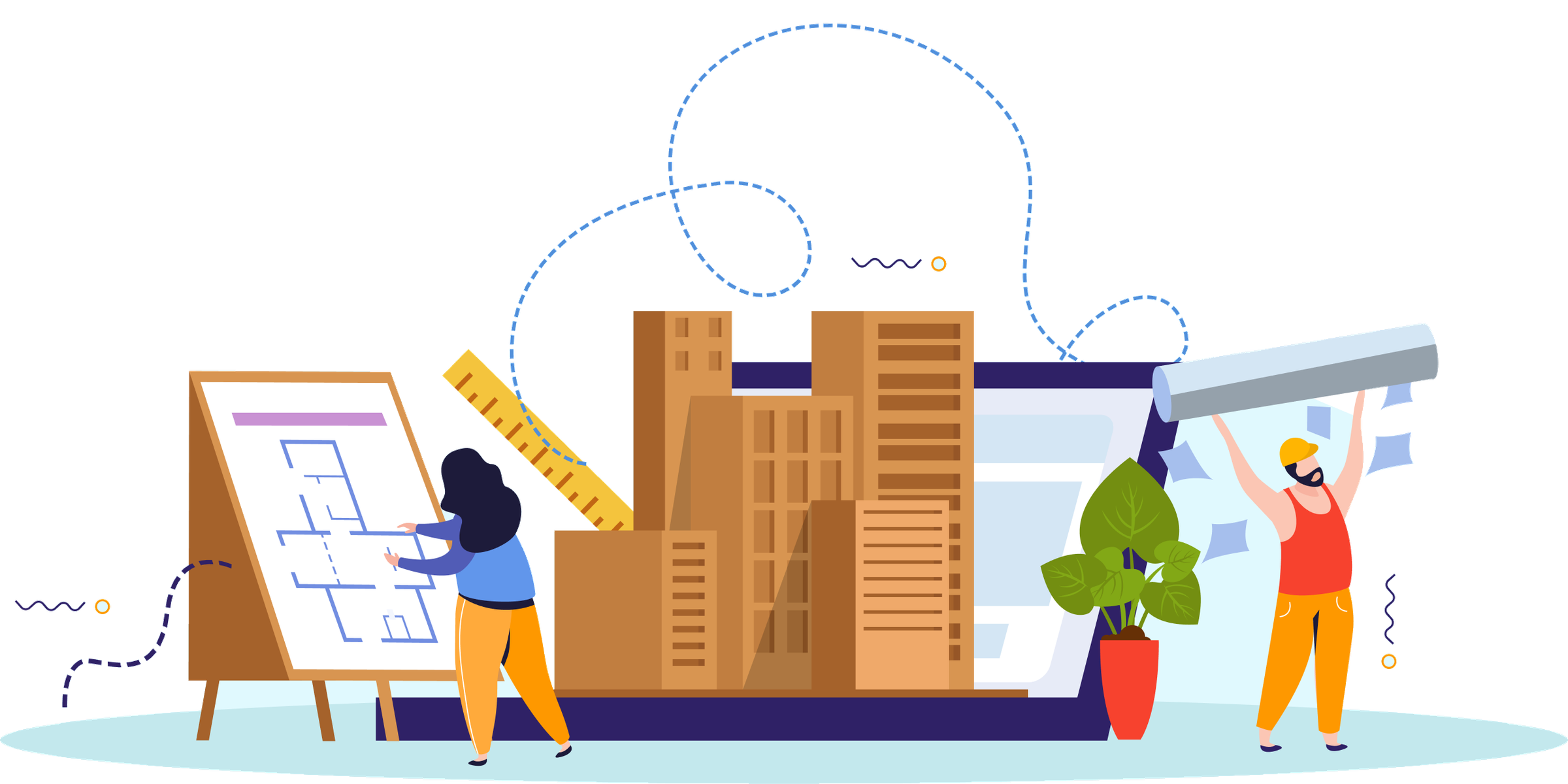Illustration of an architect drawing a floor plan on an easel beside a 3D building model and a worker holding rolled blueprints
