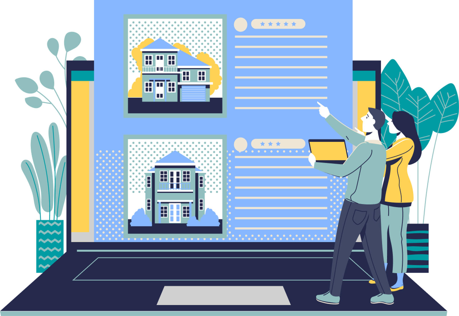 Illustration of a couple viewing 3D house model listings with ratings on a laptop screen