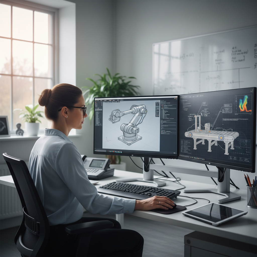 Engineer reviewing CAD automation and robotics models on dual monitors