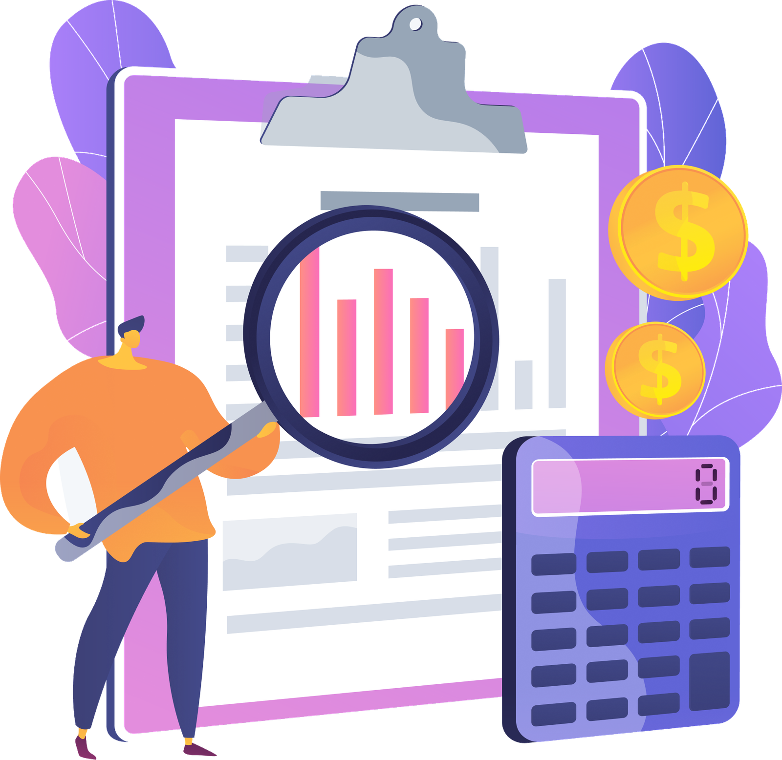 Illustration of a financial analyst reviewing investment charts and reports