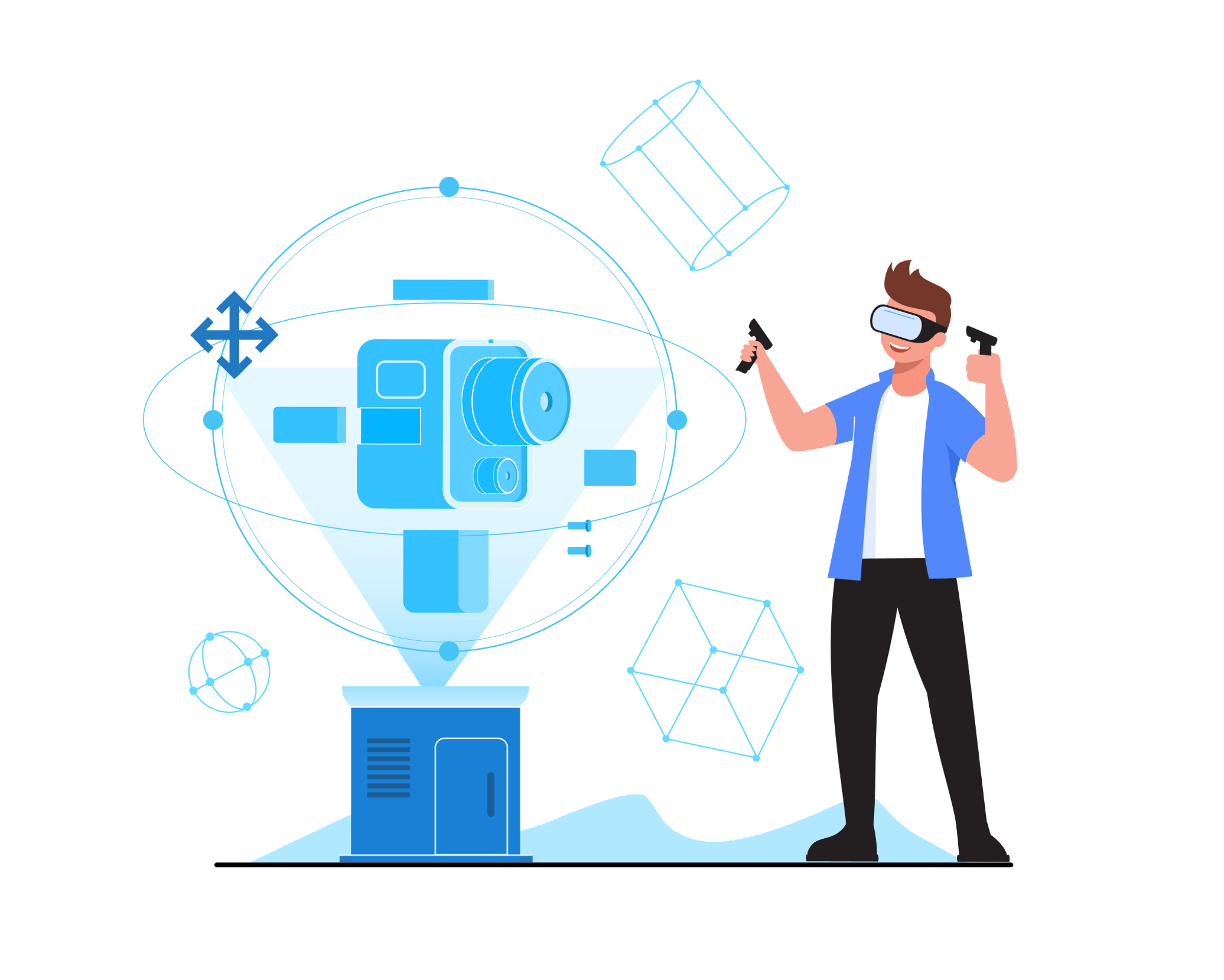 Illustration of a person using VR controllers next to a 3D scanning camera and wireframe cube icons