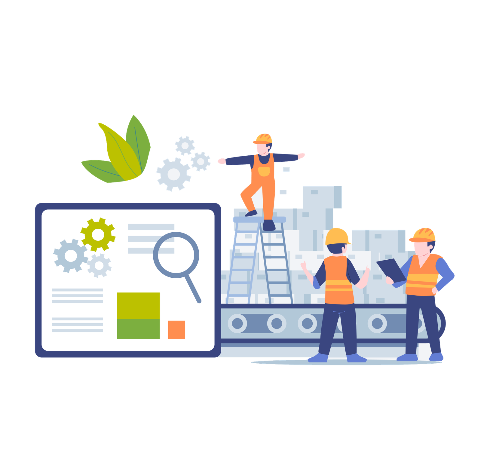 Illustration of workers analyzing production data on a tablet beside a sawmill blade and stacked lumber with trees in the background