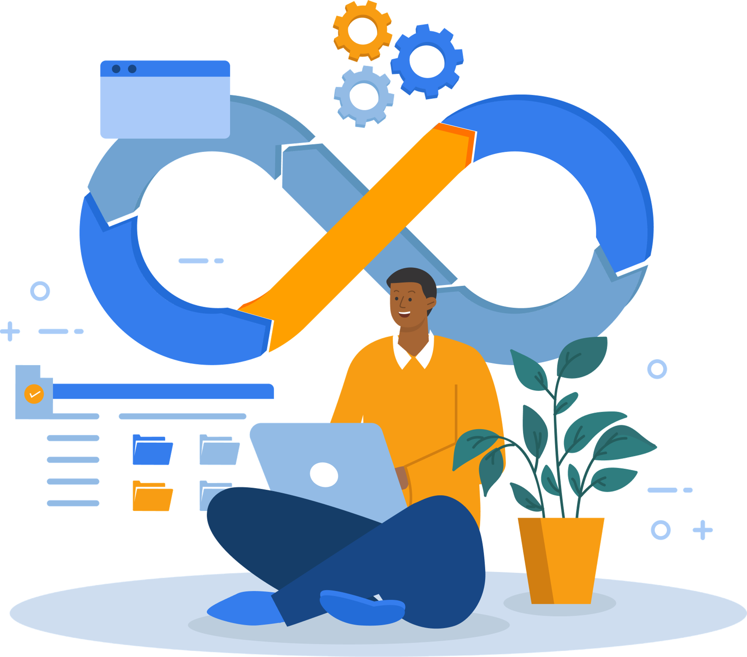 DevOps CI/CD Services Illustration of a developer working on a laptop beside a DevOps infinity loop icon with gears