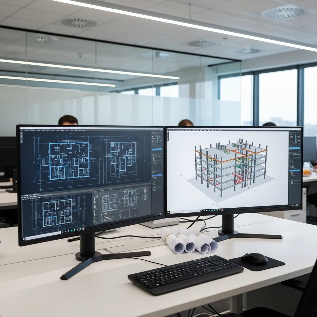Conversion CAO vers BIM Illustration d'un modèle 3D BIM de bâtiment affiché sur un écran d'ordinateur avec une grue de construction en arrière-plan