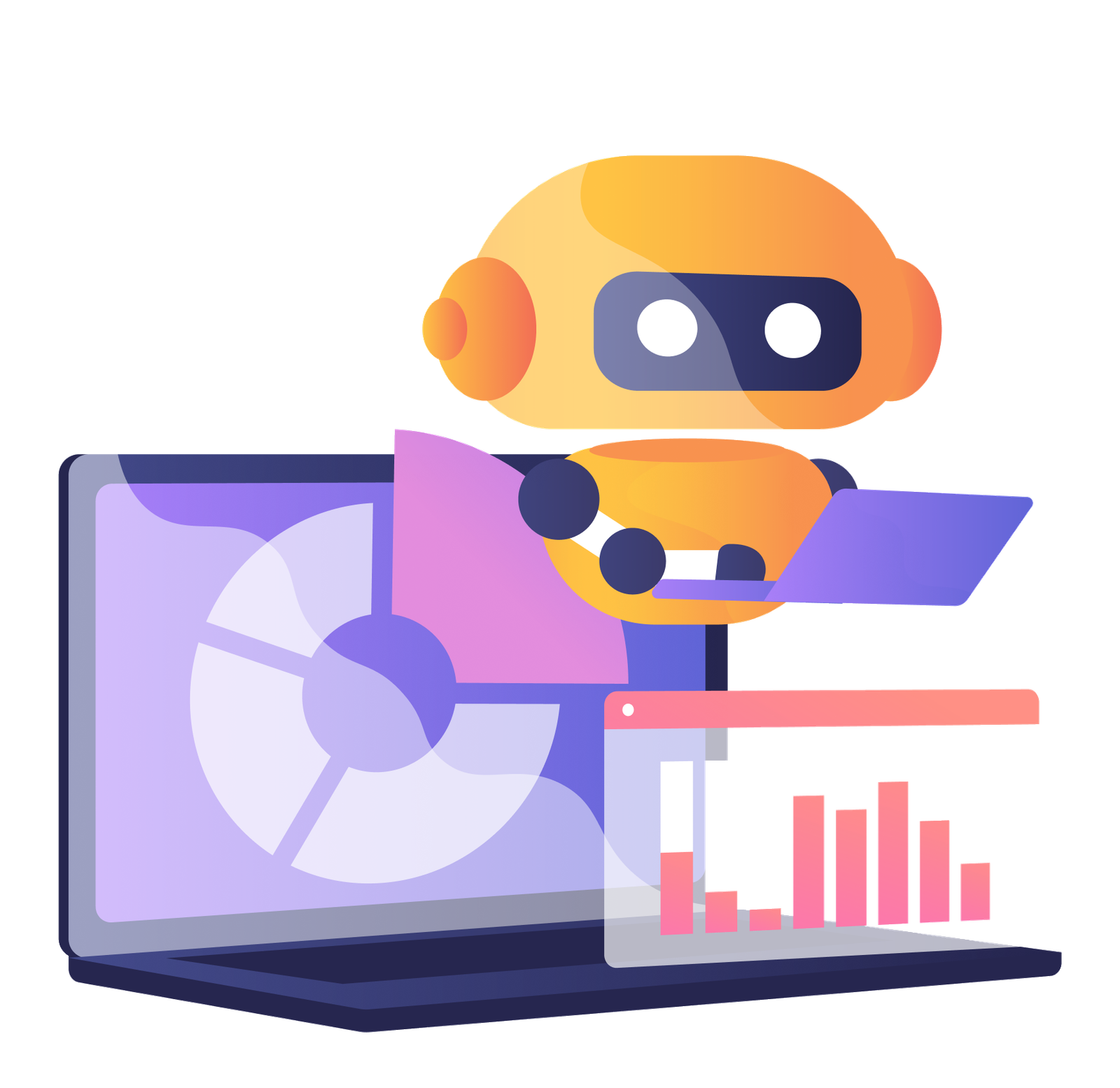 Illustration of a robot assistant presenting data analytics on a laptop dashboard